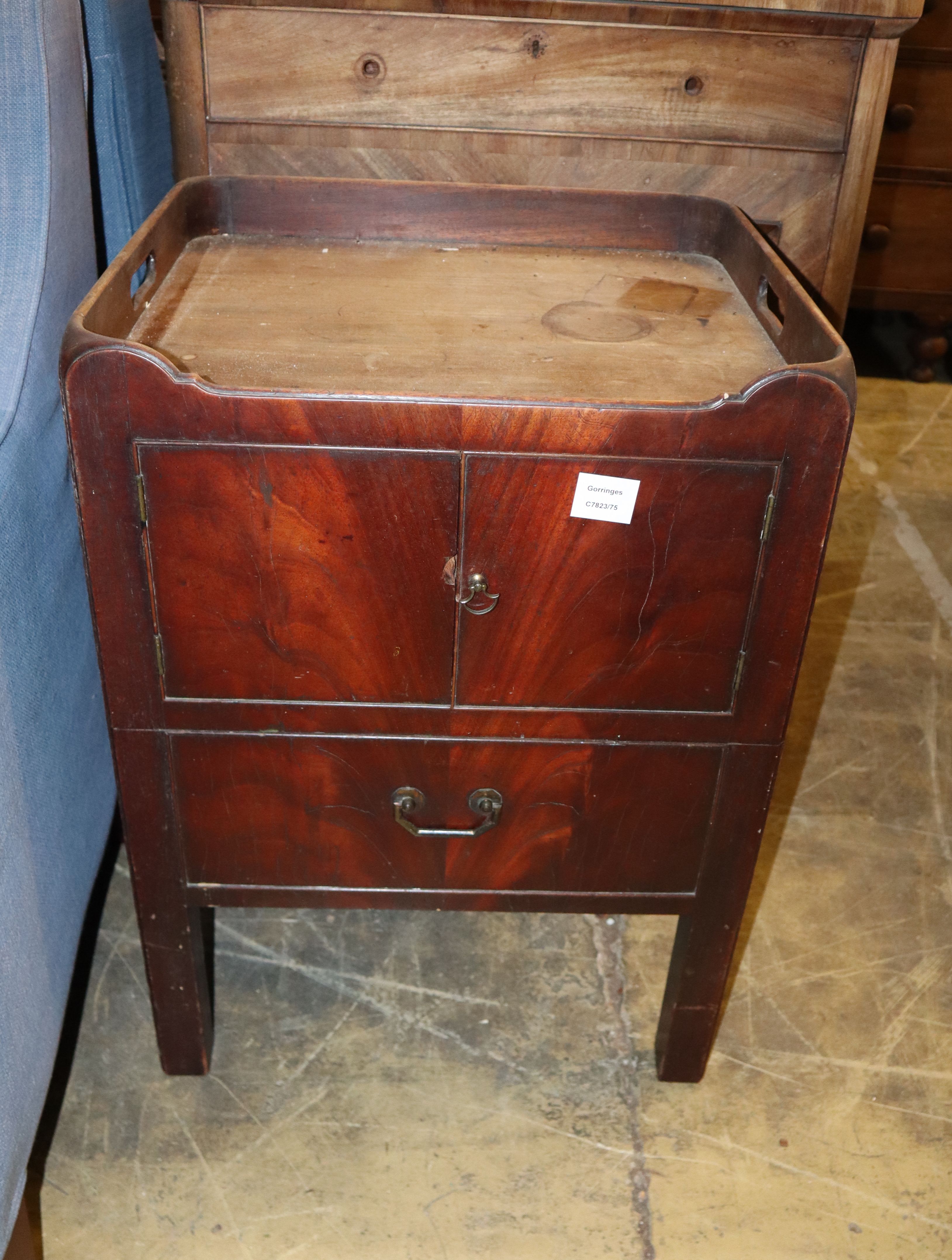 A George III mahogany tray topped bedside cupboard, width 50cm, depth 46cm, height 69cm